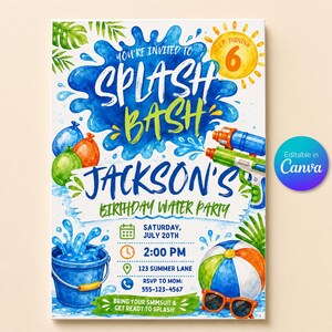 May include: A birthday party invitation featuring a blue watercolor splash design with the text "You're invited to Splash Bash Jackson's Birthday Water Party". Includes illustrations of water balloons, a water gun, a bucket, and a beach ball.