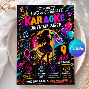 Birthday Karaoke Invitation,Neon Karaoke Party Invite,Girls Birthday Invite,Editable Canva Template,Singing Party Invite,Instant Download5x7