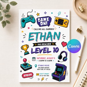 May include: A white invitation card with a gaming theme. It features the name "Ethan" and the text "Level 10" in colourful fonts, along with game-related graphics like a controller, handheld console, and arcade machine. The date and time are also included.