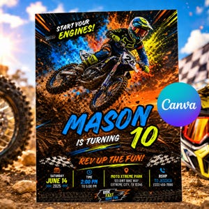 May include: Motocross birthday party invitation featuring a dirt bike rider. The invitation includes the text "MASON IS TURNING 10" in blue and yellow, event details, and the phrase "REV UP THE FUN!" in a dynamic design.