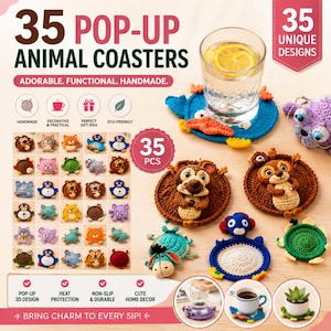 Peut inclure: Ensemble de 35 dessous de verre animaux pop-up faits à la main. Les dessous de verre sont en fil et présentent des formes d'animaux en 3D. L'image comprend un verre d'eau sur un dessous de verre bleu en forme d'oiseau et du texte.
