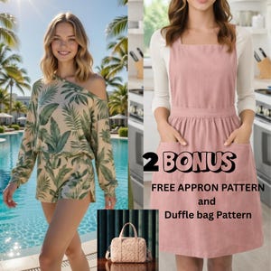 Könnte beinhalten: Eine Frau trägt ein Oberteil und Shorts mit tropischem Aufdruck. Eine rosa Schürze mit Taschen wird gezeigt. Das Bild enthält auch eine beige Reisetasche und den Text "2 BONUS FREE APRON PATTERN and Duffle bag Pattern."