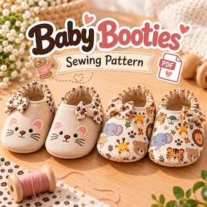 Puede incluir: Un patrón de costura digital para patucos de bebé con el texto Baby Booties Sewing Pattern PDF. La imagen muestra cuatro patucos, dos de tela beige lisa con bordado de cara de gato y dos con un estampado de animales de colores.