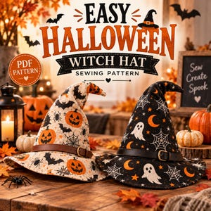 Puede incluir: Dos sombreros de bruja con motivos de Halloween. Uno es de color crema con calabazas naranjas, murciélagos negros y arañas. El otro es negro con fantasmas blancos, telarañas y lunas naranjas. Ambos tienen un cinturón marrón con hebilla.