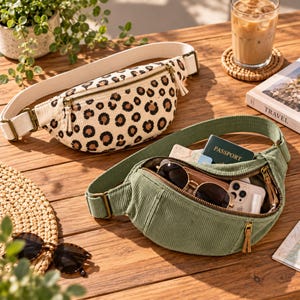 Könnte beinhalten: Zwei Gürteltaschen aus Kord, eine mit cremefarbenem und schwarzem Leopardenmuster und die andere in einfarbigem Salbeigrün. Die grüne Tasche ist offen und zeigt einen Reisepass, eine Sonnenbrille und ein Smartphone, beide mit verstellbaren Riemen.