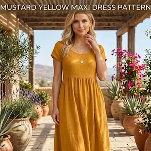 May include: Mustard yellow maxi dress with short sleeves and a gathered waist. The dress has a scoop neckline and is made of a flowing fabric. The text "MUSTARD YELLOW MAXI DRESS PATTERN" is at the top of the image.