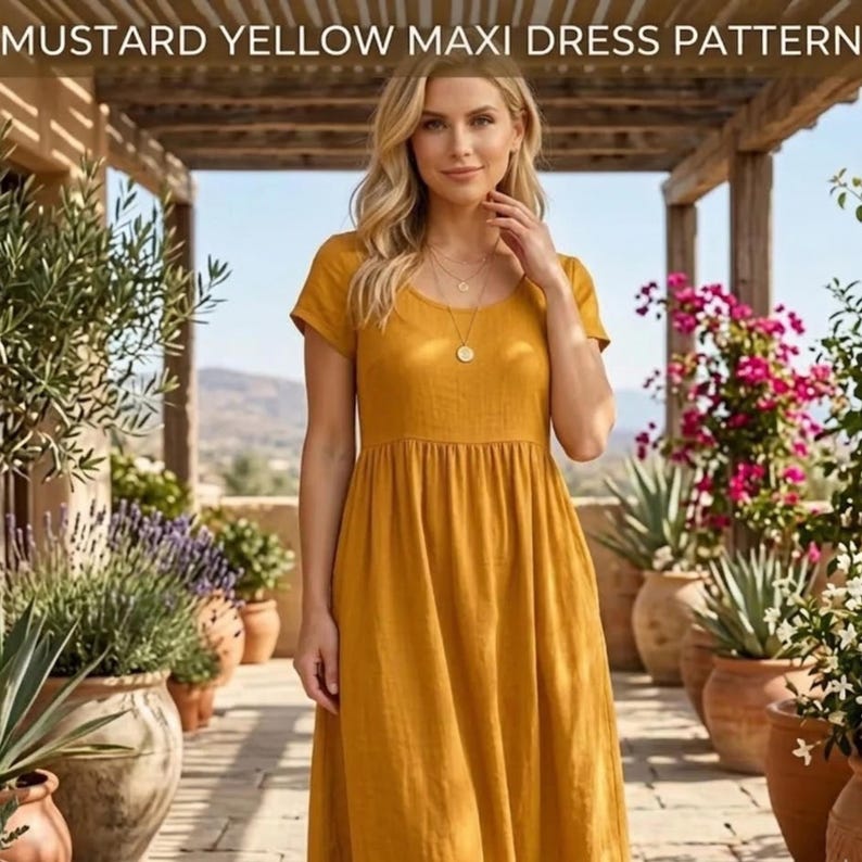 May include: Mustard yellow maxi dress with short sleeves and a gathered waist. The dress has a scoop neckline and is made of a flowing fabric. The text "MUSTARD YELLOW MAXI DRESS PATTERN" is at the top of the image.