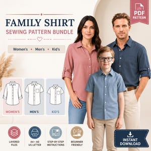 May include: A digital PDF sewing pattern bundle for family shirts, featuring line art illustrations of button-down shirts for adults and children. The graphic includes text labels for Women's, Men's, and Kid's styles, along with icons for layered files, A4/A0/US letter formats, instructions, and beginner-friendly sewing.