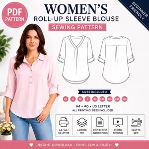 Women’s V Neck Top Sewing Pattern | Loose Casual Blouse PDF | Roll Up Sleeve Shirt | A4 Printable DIY Template | sewing instructions