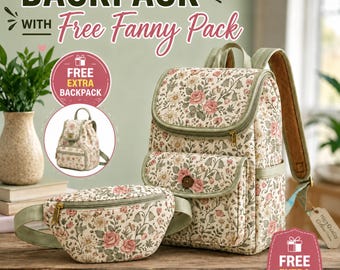 Floral Backpack with Free Fanny Pac sewing pattern, Cottagecore School Bag, Vintage Floral Travel Backpack, Aesthetic Girls Backpack Set pdf