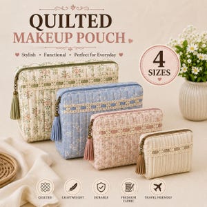 May include: Four rectangular quilted makeup pouches in varying sizes, featuring floral and striped patterns in cream, blue, and pink. Each pouch has a lace trim, a metal zipper with a matching tassel, and the text QUILTED MAKEUP POUCH 4 SIZES.