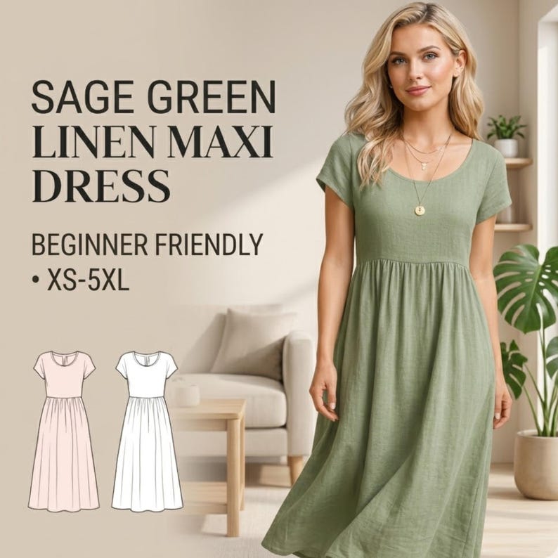May include: A sage green linen maxi dress with short sleeves and a gathered waist. The text on the image reads "SAGE GREEN LINEN MAXI DRESS" and "BEGINNER FRIENDLY - XS-5XL". The dress is modeled by a woman with blonde hair.