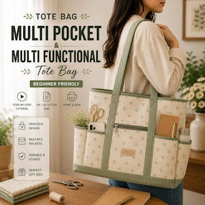 May include: A cream-coloured tote bag with a small green floral pattern and solid green trim. The bag features multiple exterior pockets, two shoulder straps, and a rectangular label. Text on the image includes TOTE BAG, MULTI POCKET, and BEGINNER FRIENDLY.