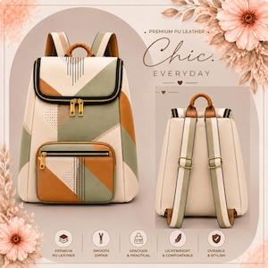 May include: A backpack made of premium PU leather featuring a geometric pattern in cream, sage green, and tan. The bag includes a top handle, adjustable shoulder straps, a front zippered pocket, and gold-tone hardware with dual zipper pulls.