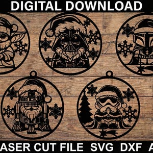 May include: Black laser cut Christmas ornaments featuring characters from Star Wars, including Baby Yoda, Darth Vader, and a Stormtrooper, each wearing a Santa hat. The ornaments are circular with snowflake accents and a small loop for hanging. The words "DIGITAL DOWNLOAD" and "LASER CUT FILE SVG DXF AI" are at the top and bottom.