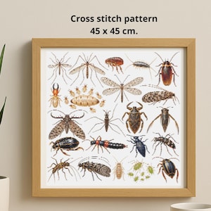 May include: A square wooden frame containing a cross stitch pattern of various insects and bugs. The text above the frame reads Cross stitch pattern 45 x 45 cm. The insects are depicted in brown, black, and green tones on a white background.