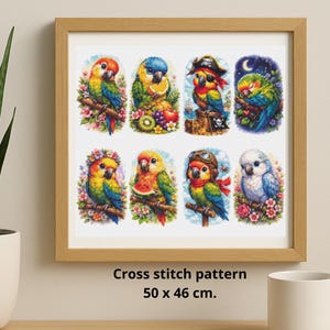 May include: A framed cross-stitch pattern featuring eight colorful parrot illustrations. Each parrot is perched on a branch, surrounded by flowers and fruit. The frame is light brown. The pattern measures 19.7 x 18.1 inches.