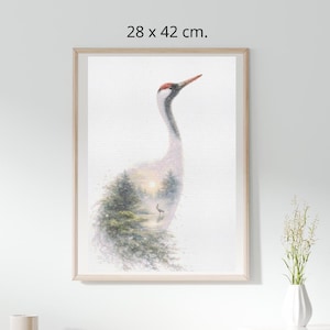 May include: Framed artwork featuring a crane with a forest scene. The crane has a red crown and a long neck. The forest scene includes trees and a deer. The artwork is 11 x 16.5 inches.