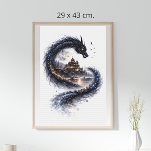 May include: Framed artwork featuring a fantasy dragon design. The dragon, in shades of black and blue, curves around a castle scene. The artwork measures 29 x 43 cm (11.4 x 16.9 inches).