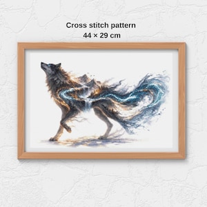 May include: Framed cross-stitch pattern featuring a wolf with a mountain and river design. The artwork is 17.3 inches by 11.4 inches. The wolf is depicted in shades of gray, brown, and blue, with the text "Cross stitch pattern" at the top.