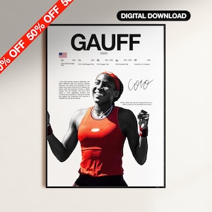 Peut inclure: Une affiche encadrée de Coco Gauff en débardeur rouge, avec le texte "GAUFF" en haut. L'affiche comprend sa signature, les faits marquants de sa carrière et les mots "TÉLÉCHARGEMENT NUMÉRIQUE" en haut à droite.