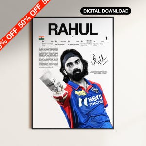 May include: A framed digital download poster featuring the name "RAHUL" in large, bold letters. The poster includes a portrait of a man in a blue and red sports jersey, along with text and a signature. The poster has a black frame.