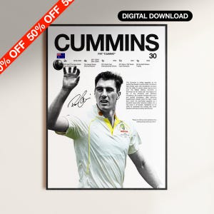May include: A framed poster featuring Pat Cummins, a cricket player, with the name "CUMMINS" in large letters. The poster includes the text "DIGITAL DOWNLOAD" and a "50% OFF" banner. The image shows Cummins in a cricket uniform.