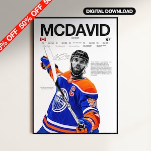 May include: A digital download poster featuring Connor McDavid in an Edmonton Oilers jersey, holding a hockey stick. The poster includes the text "MCDAVID" and "97", along with his achievements. A red diagonal banner reads "50% OFF".