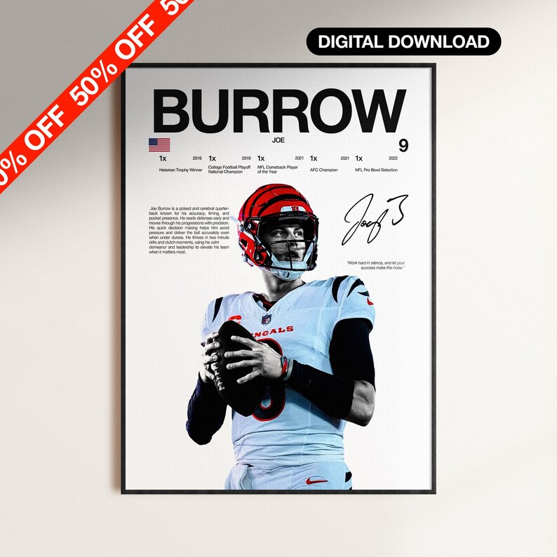 Joe Burrow Poster, NFL Wall Print, American Football Wall Print, NFL ...