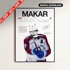 Puede incluir: Un póster enmarcado con el nombre "MAKAR" en letras negras grandes y el número "8". El póster muestra a un jugador de hockey con una camiseta burdeos y blanca, sosteniendo un palo de hockey. El texto "DESCARGA DIGITAL" está en la parte superior.