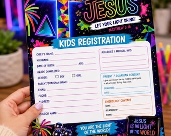 Formularz rejestracyjny dla dzieci na zajęcia VBS | Wersja do druku „Shine for Jesus” | Arkusz rejestracyjny | Służba dla dzieci | Natychmiastowe pobieranie plików PDF i PNG