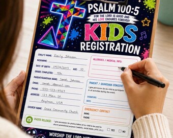 Formularz rejestracyjny dla dzieci | Formularz rejestracyjny dla dzieci do druku z Psalmem 100-5 | Służba dla dzieci | Natychmiastowe pobieranie plików PDF i PNG
