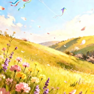 Könnte beinhalten: Eine lebendige Landschaftsillustration mit einem großen, bunten rautenförmigen Drachen mit langen Bändern und einem kleineren Drachen, die an einem hellblauen Himmel über einer grünen Wiese voller rosa, gelber und violetter Wildblumen fliegen.
