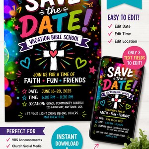 Op de afbeelding: Een digitale flyer en mobiele telefoonweergave met een zwarte achtergrond met kleurrijke bokeh-lichten, sterren en harten. De tekst luidt SAVE THE DATE! VACATION BIBLE SCHOOL, JOIN US FOR A TIME OF FAITH FUN FRIENDS en bevat evenementdetails.