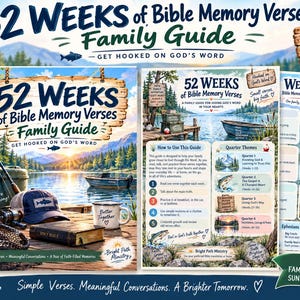 May include: A 52 Weeks of Bible Memory Verses Family Guide digital document featuring a lake landscape with a fishing rod, a cap, a Bible, and a mug. The guide includes instructions, quarter themes, and weekly verse schedules with illustrations.
