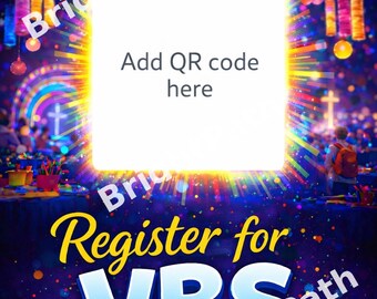 Znak z kodem QR VBS, plakat z zapisem na wakacyjną szkołę biblijną (do natychmiastowego pobrania)