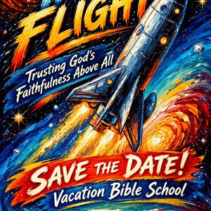Pode incluir: Um cartaz colorido com tema espacial apresentando um foguete prateado voando através de uma galáxia vibrante. O texto diz: TAKE FLIGHT, Trusting God's Faithfulness Above All, SAVE THE DATE! Vacation Bible School, com um espaço em branco na parte inferior.