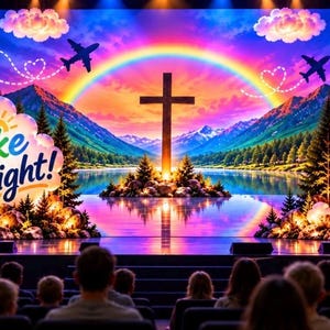 May include: A stage backdrop featuring a vibrant rainbow over a lake and mountains with a central cross. Text reads Take Flight! and a signpost lists Explore, Worship, Grow, Serve, Fly High. Two airplanes with heart-shaped flight paths are visible.