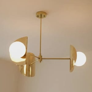 Mid Century Modern Brass Chandelier, 3-Light Gold Globe Ceiling Fixture, Contemporary Pendant Lighting