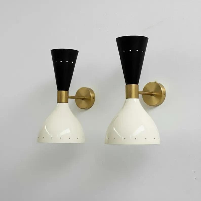 Mid Century Modern Sconce Set, Brass Cone Wall Lights, Blue White Metal Shade