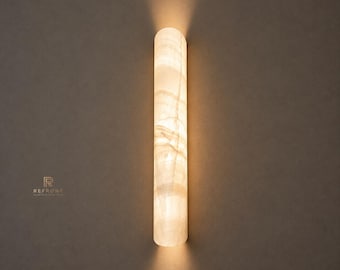 Large Alabaster Wall Sconce, Natural Stone Vertical Cylinder Light, Mid Century Modern Lighting