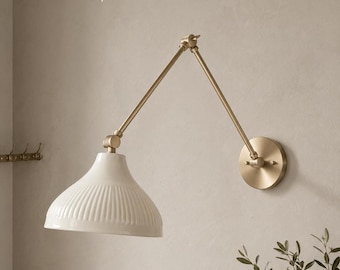 Vintage Brass Swing Arm Wall Lamp, White Pleated Shade Sconce, Bedside Reading Light