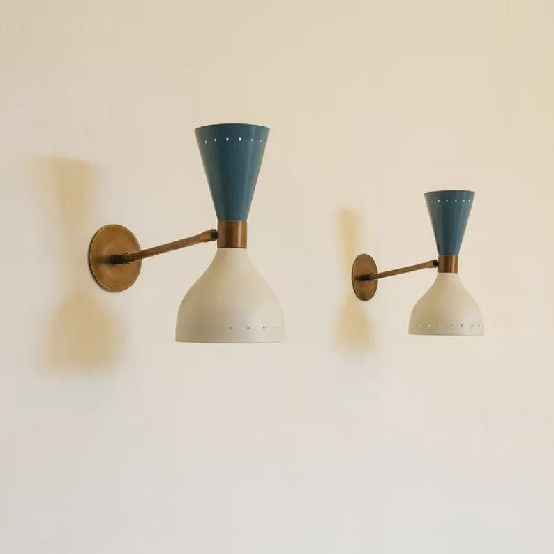 Mid Century Modern Sconce Set, Brass Cone Wall Lights, Blue White Metal Shade