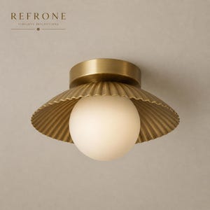 Mid Century Brass Semi Flush Mount Ceiling Light, Gold Dome Globe Fixture