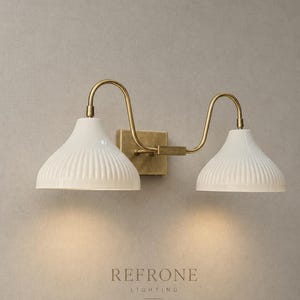 Handcrafted Brass Double Sconce, Fluted White Glass Shades, Modern Vintage Vanity Light