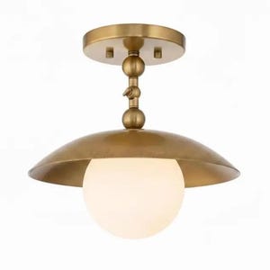 Mid Century Brass Semi Flush Mount Ceiling Light, Gold Dome Globe Fixture