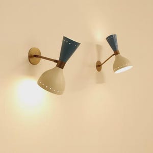Mid Century Modern Sconce Set, Brass Cone Wall Lights, Blue White Metal Shade