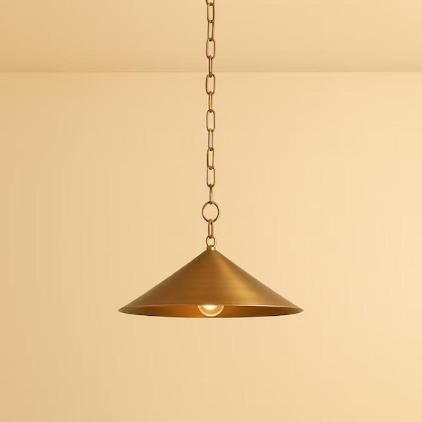 Mid Century Modern Brass Cone Pendant Light, Minimalist Gold Hanging Fixture