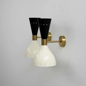 Mid Century Modern Sconce Set, Brass Cone Wall Lights, Blue White Metal Shade