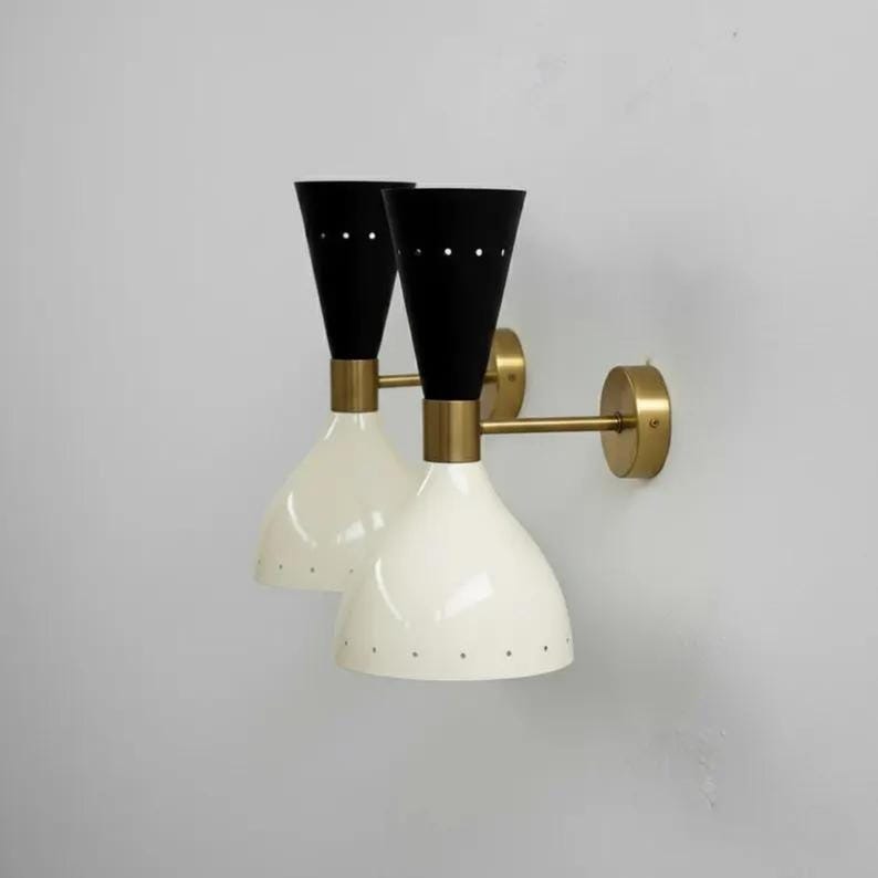 Mid Century Modern Sconce Set, Brass Cone Wall Lights, Blue White Metal Shade